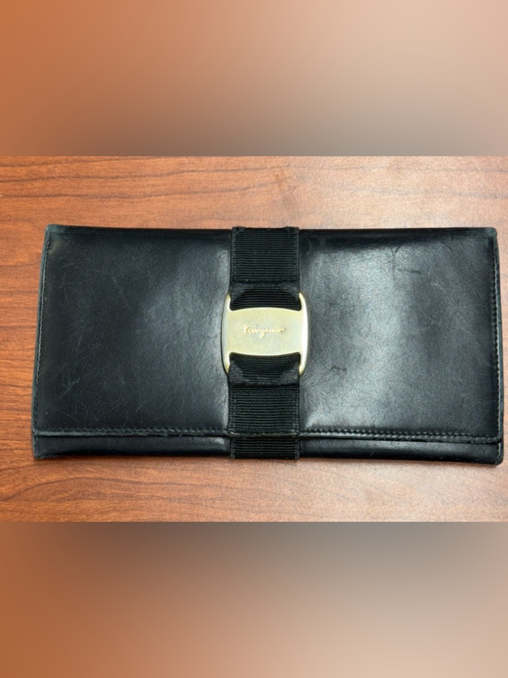 Salvatore Ferragamo Black and Gold Grosgrain Buckle Detail